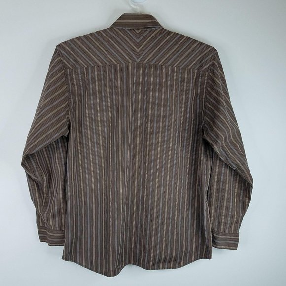 Mens Western Shirt Pearl Snaps Brown XL Long Sleeve Striped OP International - Picture 2 of 6